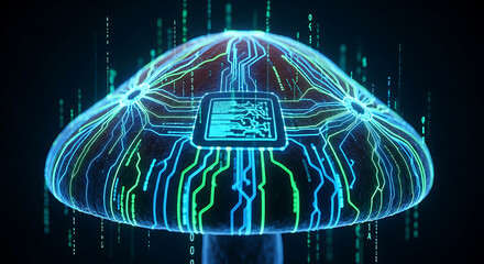 Exploring technological evolution through digital mushrooms virtual reality studio futuristic environment abstract viewpoint