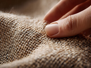 Natural fiber textile hand close up woven texture beige hemp fabric soft detailed cozy eco friendly sustainable organic rustic tactile warm comfortable natural material pattern thread weave craft