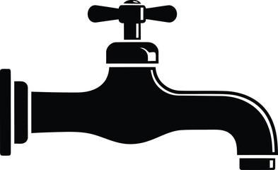 Black and white illustration of a water tap with a cross-shaped handle, isolated.