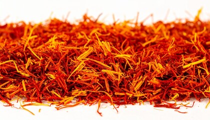 Naklejka premium Saffron, spice, threads, isolated, white, background, premium, culinary, seasoning, aromatic, vibrant, natural, organic, exotic, delicate, dried, herb, colorful, high-quality, ingredient, cooking, fla