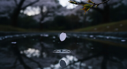 Cherry blossom petal falling on tranquil water nature scene springtime outdoor close-up serenity