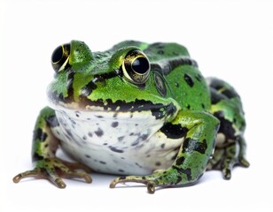 Fototapeta premium Frog, amphibian, animal, wildlife, nature, green, sitting, isolated, white background, close-up, small, cute, exotic, natural, creature, reptile-like, moist skin, wet, eyes, legs, habitat, forest, tro