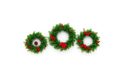 A trio of festive Christmas wreaths, varying in size and greenery, adorned with red berries and pine cones, holiday background, christmas photoshoot