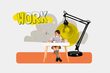 Art sketch 3d image full collage of happy businesswoman freelancer sit table sticker workload surf...