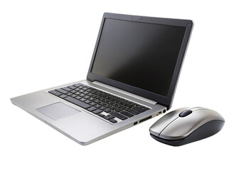 Laptop and mouse on white background