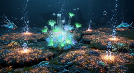 Exploring vibrant underwater ecosystems ocean depths digital artwork marine life aerial view environmental awareness