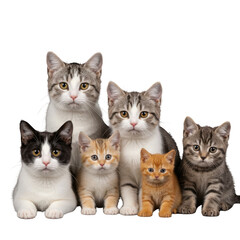 Group of cats and kittens sitting together isolated PNG with Transparent Background