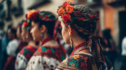 Traditional Women Wearing Flower Crowns Celebrating Our Lady of Guadalupe Feast Procession in Mexico with Devotion and Culture