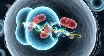 Microscopic cell division process biological environment digital art illustration abstract viewpoint scientific conceptualization