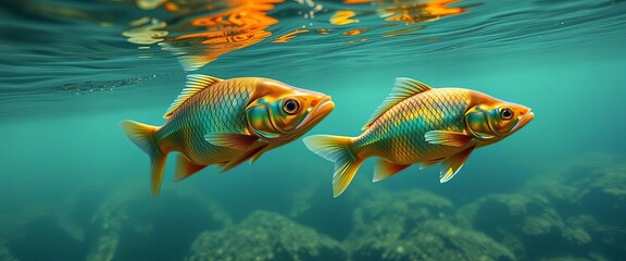 Fototapeta premium Two iridescent crucian carp swim in clear, sunlit water, peaceful, elegant