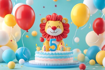 Colorful 3D balloons in red, blue, yellow, and green floating around a cheerful cartoon lion beside a cake with a big number 5 candle, perfect for a kid's birthday