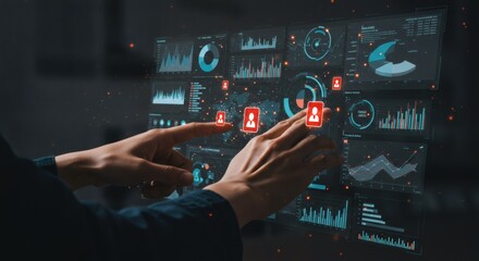 Hands interacting with futuristic digital interface displaying data visualizations.