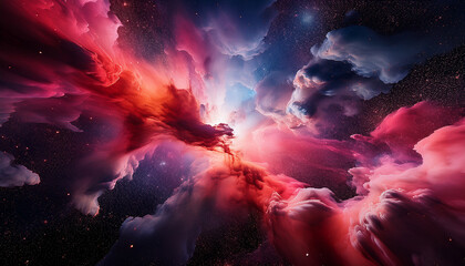 Vibrant Cosmic Nebula With Radiant Red And Pink Hues Surrounded By Dark Clouds Resembling Gamma Ray Burst In Deep Space