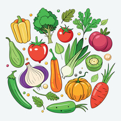 Colorful cartoon vegetables illustration, flat style, isolated on white background