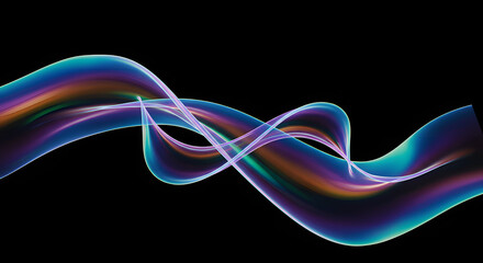 Abstract swirling ribbons of iridescent color against a black backdrop.