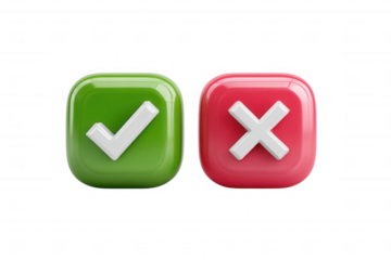 Green check mark and red cross symbols isolated on a transparent background image