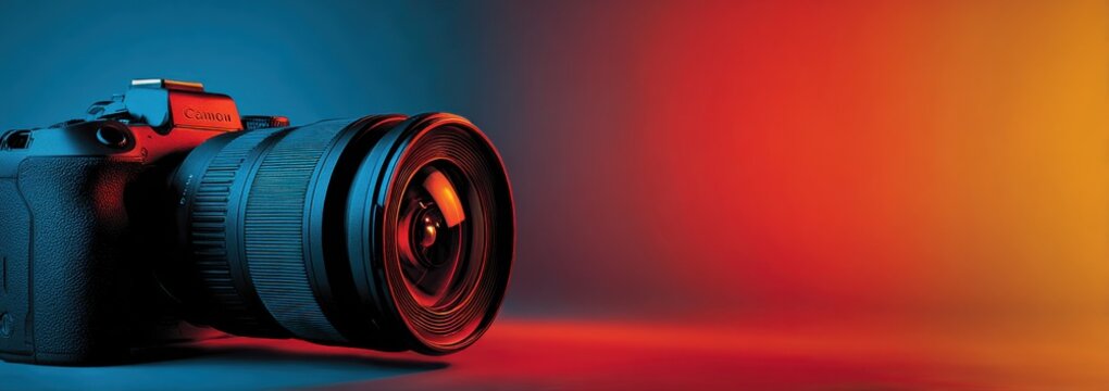 Dynamic Canon camera with professional lens illuminated by vibrant gradient lighting, showcasing cutting edge technology and creative potential for modern photography.