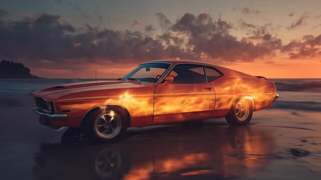 Flaming car sunset beach