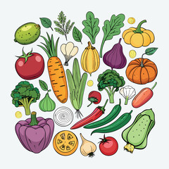 Colorful cartoon vegetables illustration, flat style, isolated on white background