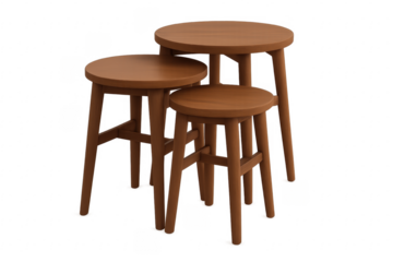Three wooden round stools nesting together on transparent background