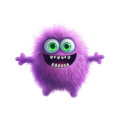 Fototapeta premium Adorable purple furry monster with big green eyes and happy smile