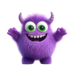 Fototapeta premium Purple furry cartoon monster with horns and big eyes smiling cheerfully
