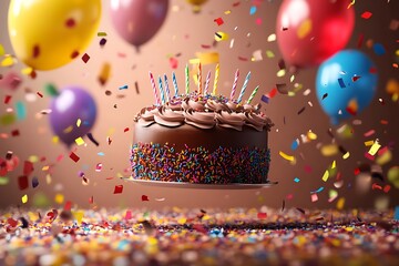 Creative birthday greeting card design with a floating chocolate cake surrounded by colorful balloons and lively confetti on a dynamic abstract background
