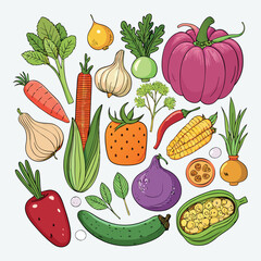 Colorful cartoon vegetables illustration, flat style, isolated on white background