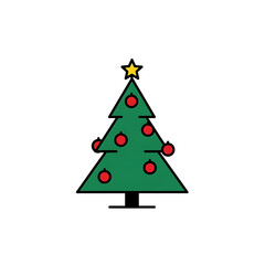 Obraz premium Festive green Christmas tree adorned with bright red ornaments and a shining yellow star atop, perfect for holiday greetings and seasonal designs