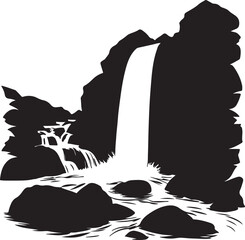 Waterfall flowing between rocks black clipart, flat vector silhouette