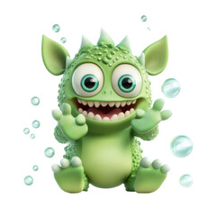 Fototapeta premium Cute green cartoon monster with spikes and bubbles