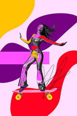 Vertical sketch 3d collage poster of happy girl stand skateboard party concert performance celebration music entertainment event