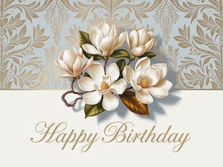 Elegant Happy Birthday Greeting Card with Beautiful White Magnolia Flowers and Ornate Gold Damask Pattern for Luxury Celebration Design