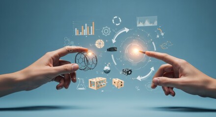 Human Hands Interacting with a Futuristic Holographic Business Interface.