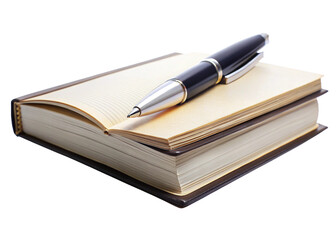 Book and pen on white background