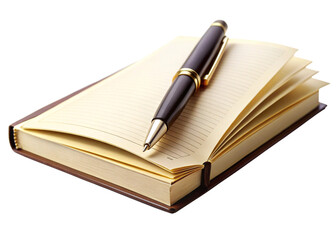 Book and pen on white background
