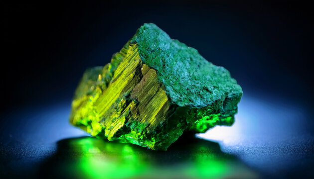 Uranium Ore Sample Of Pitchblende Glowing Bright Green Under Uv Light
