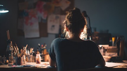 entrepreneur. An entrepreneur works at a minimalist desk with artistic tools in a clean, inspiring workspace with soft lighting. pitch deck slides.