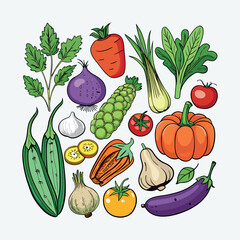 Colorful cartoon vegetables illustration, flat style, isolated on white background