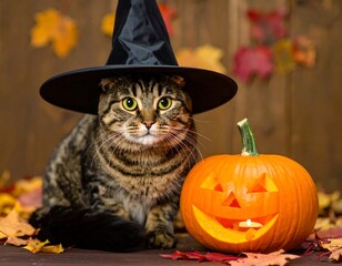 Cat in witch hat with pumpkin