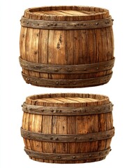 Obraz premium Two aged wooden barrels, one atop the other, feature iron bands and weathered wood grain