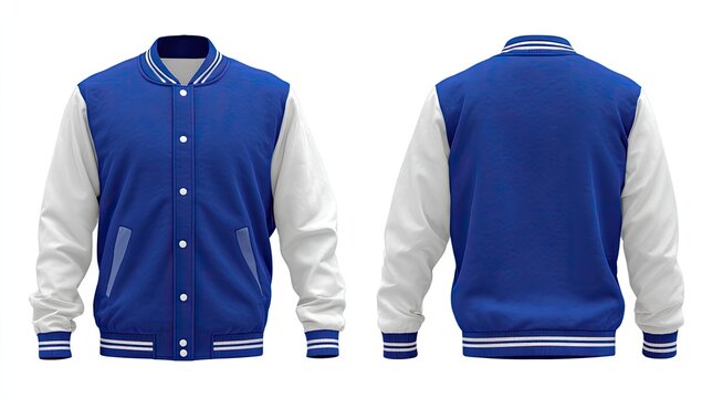 Royal blue varsity jacket, white sleeves and ribbed trims, shown front and back on white background