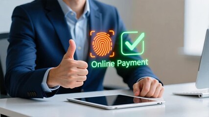 Businessman hand showing thumbs up above tablet with glowing fingerprint and checkmark icons and text online payment, modern office Secure Payment setup - Powered by Adobe