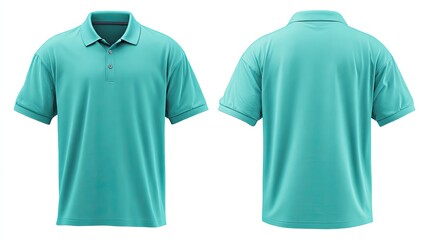 Teal polo shirt displayed front and back, showcasing short sleeves, a collared neckline, and a two-button placket.  Clean, simple design