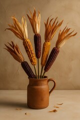 A still-life captures the beauty of dried corn stalks in a rustic ceramic jar, presenting the vibrant colors and textures of the harvest season.