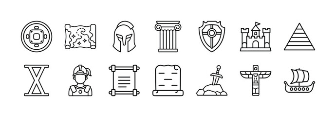 Vector art of collection of historical icons including a coin, map, helmet, column, shield, castle, pyramid, roman numeral, builder, scroll, tombstone, sword, totem pole, and ship