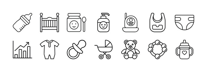 Vector art of collection of baby care and child development icons, including a crib, bottle, bib, diaper, baby food, romper, pacifier, stroller, teddy bear, and sippy cup