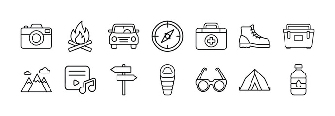 Camping and hiking essential icons set vector illustration outdoor adventure travel equipment outline 