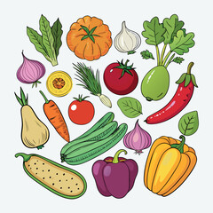 Colorful cartoon vegetables illustration, flat style, isolated on white background