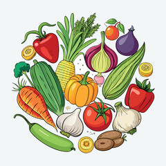 Colorful cartoon vegetables illustration, flat style, isolated on white background